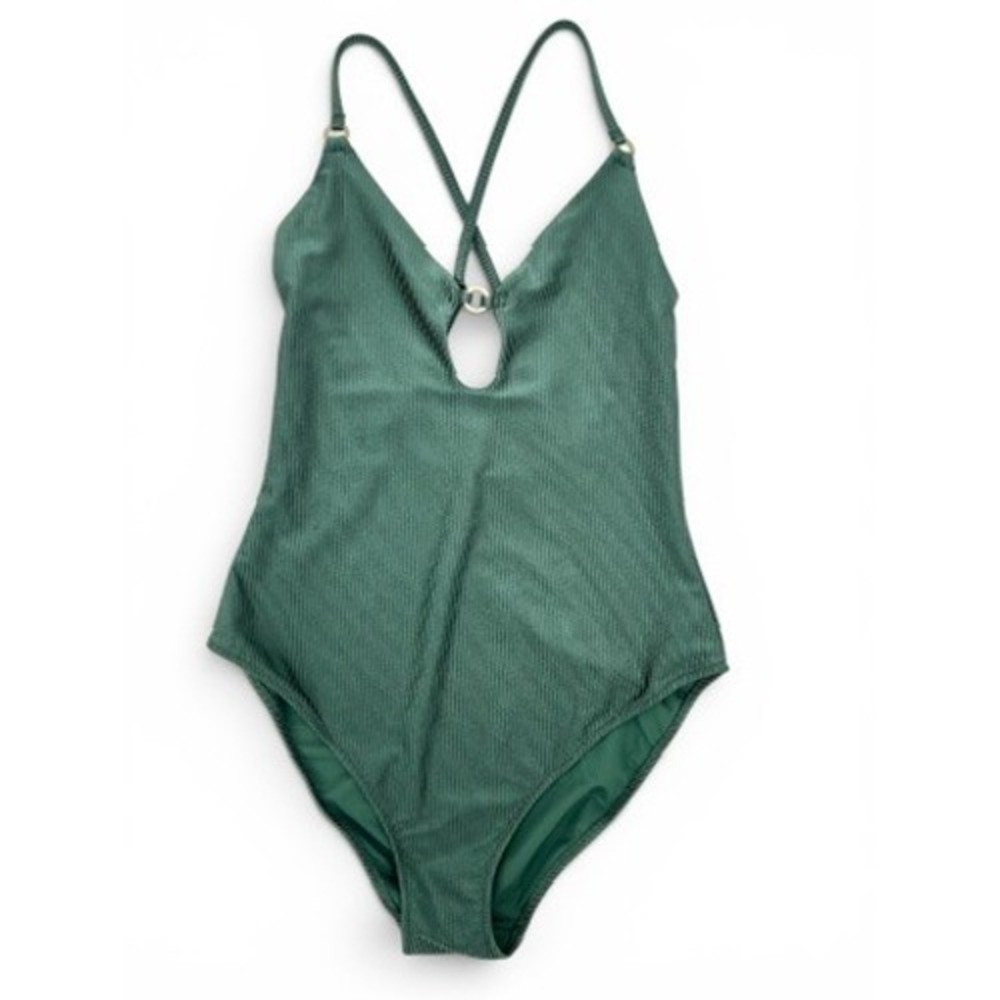 Aerie Real Good Ribbed One Piece Cheeky Swimsuit Green Ring Detail Medium
